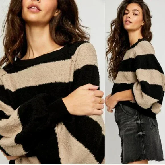Free People | Found My Friend Striped Sweater | Black & Tan | Small - Picture 2 of 12